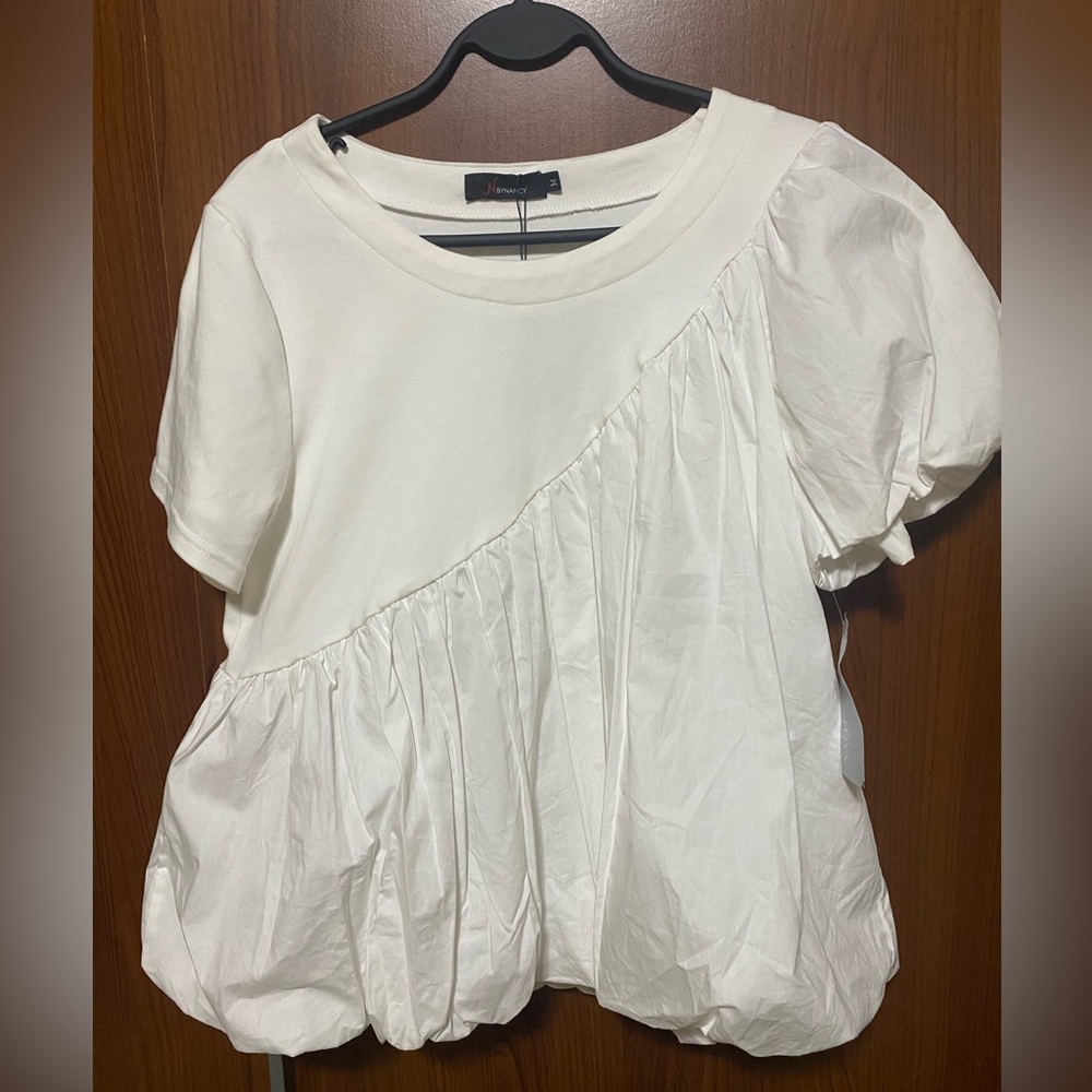 N ByNancy Bubble Hem puffed sleeve White Babydoll Y2K Women's Summer Top Size M - Picture 8 of 8